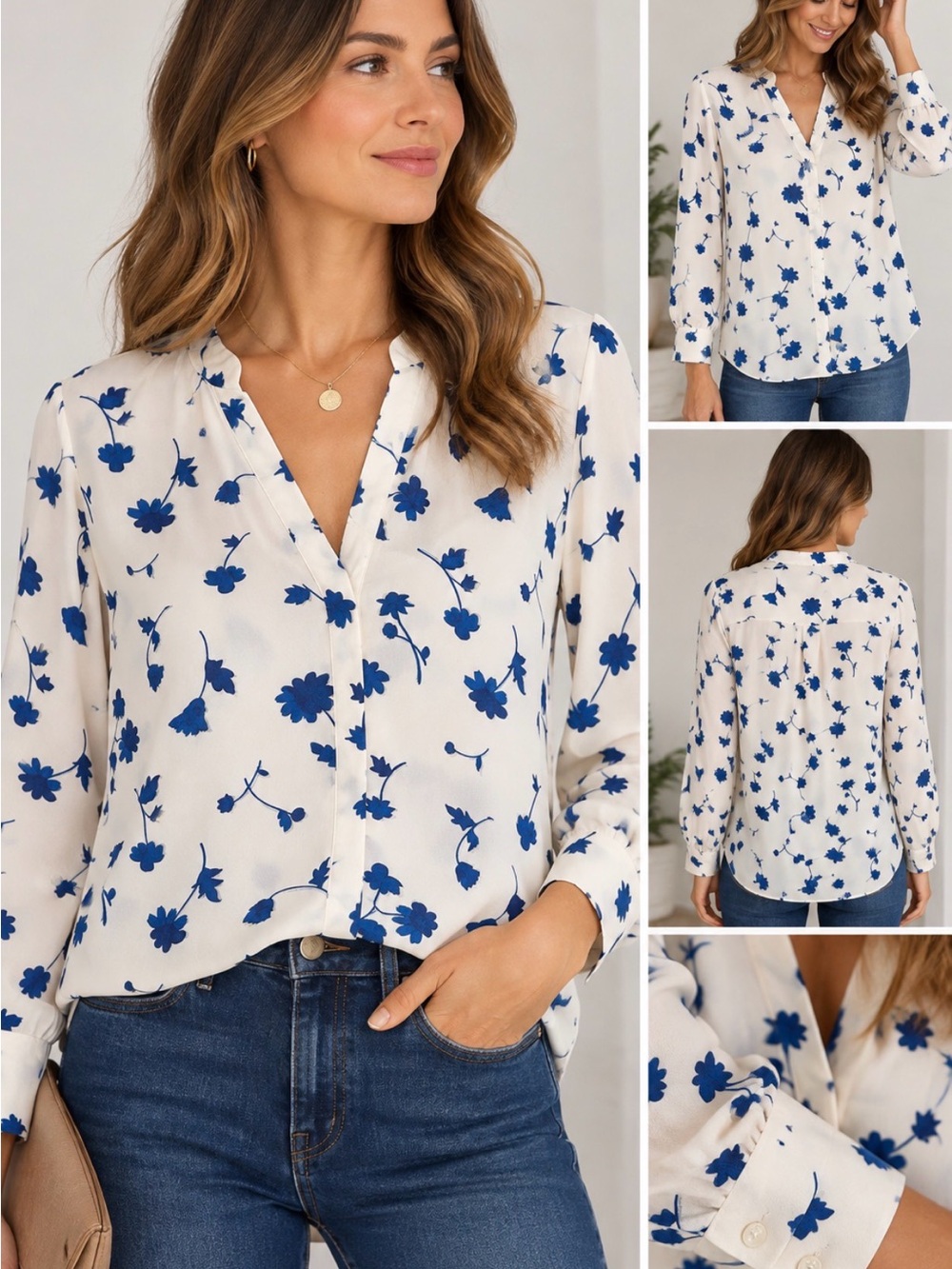 Banana Republic Ivory Blue Floral Blouse Long Sleeve Size M